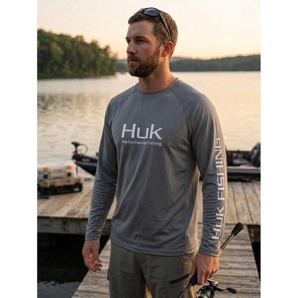 Huk Mens Fishing Shirt Long Sleeve Gray Performance Sun Mesh Tee Size XXL